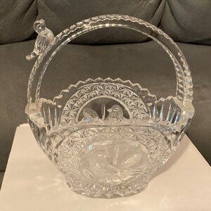 VTG 1985 Hofbauer Byrdes Etched Lead Crystal Glass Basket w/ Birds/Handle-7"-EUC